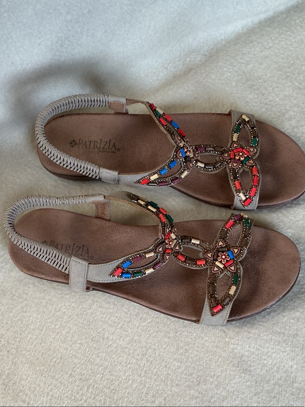Patricia Nash Taupe Sandals with Multicolor Bead Embellishments